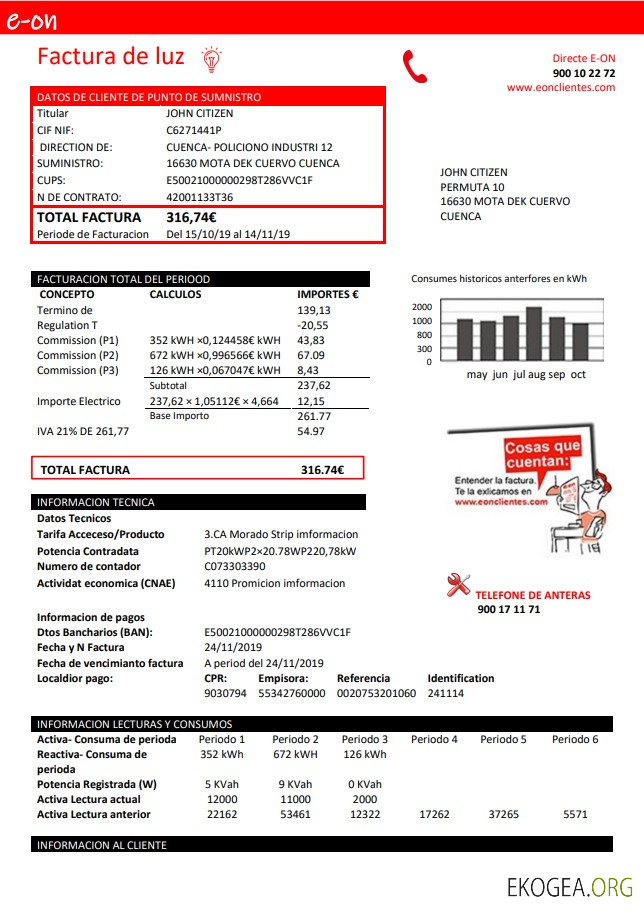 Spain E.ON electricity utility bill template in Word and PDF format